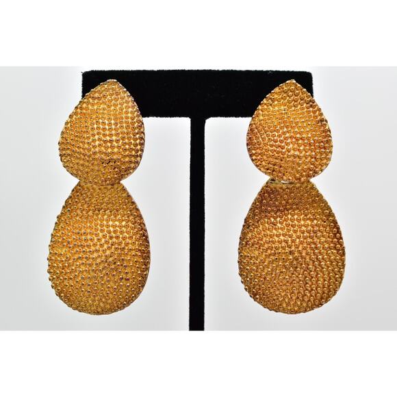Vintage Textured Clip On Earrings Dangle Antiqued Gold Tone Chunky 1980s BinAI - Picture 1 of 12
